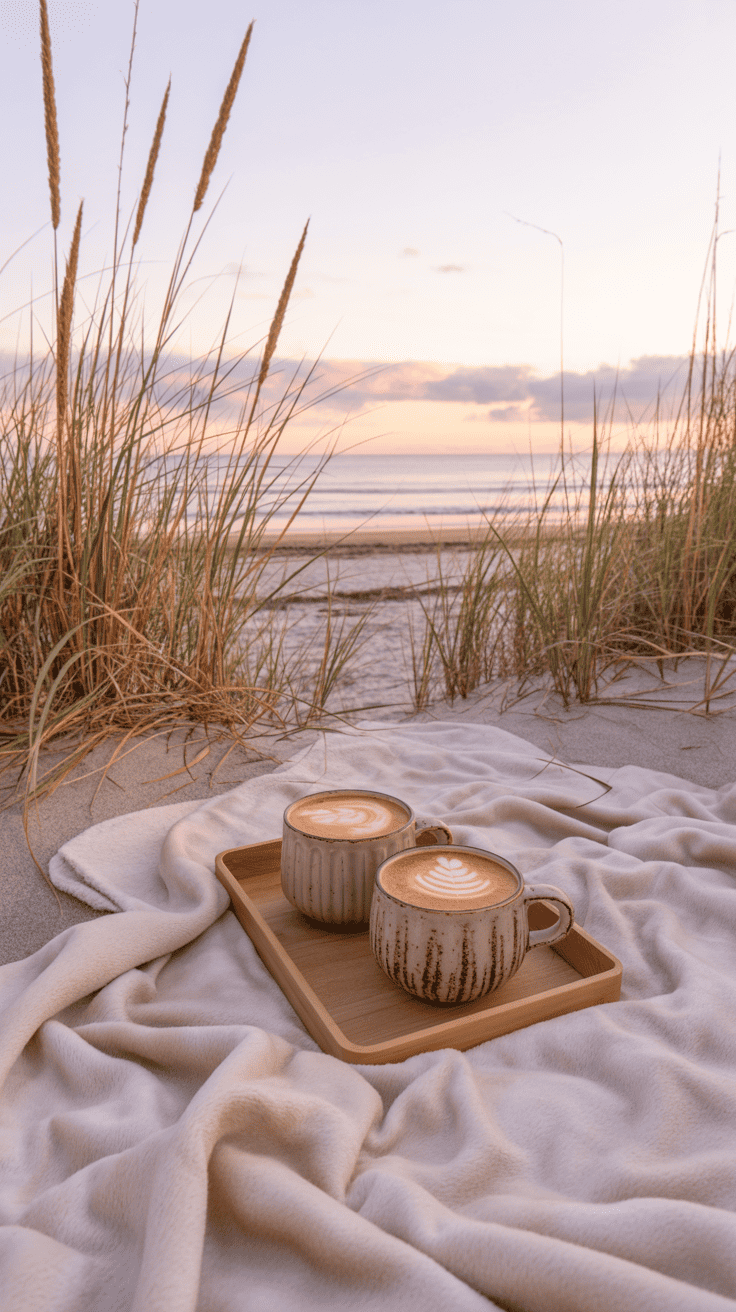 Two cups of latte with latte art sit on a wooden tray atop a soft blanket on the beach, surrounded by dune grass, with a sunset view over the ocean in the background.