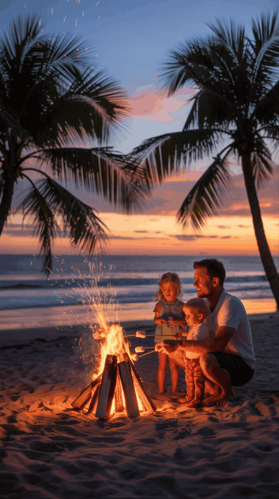 A man and two young children toast marshmallows over a beach bonfire at sunset, framed by palm trees and the ocean in the background.