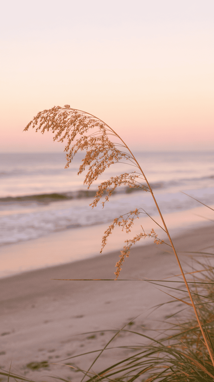 A delicate, dry sea oat plant sways gently in the foreground against a serene beach backdrop at sunrise, with a calm ocean and soft pink sky.