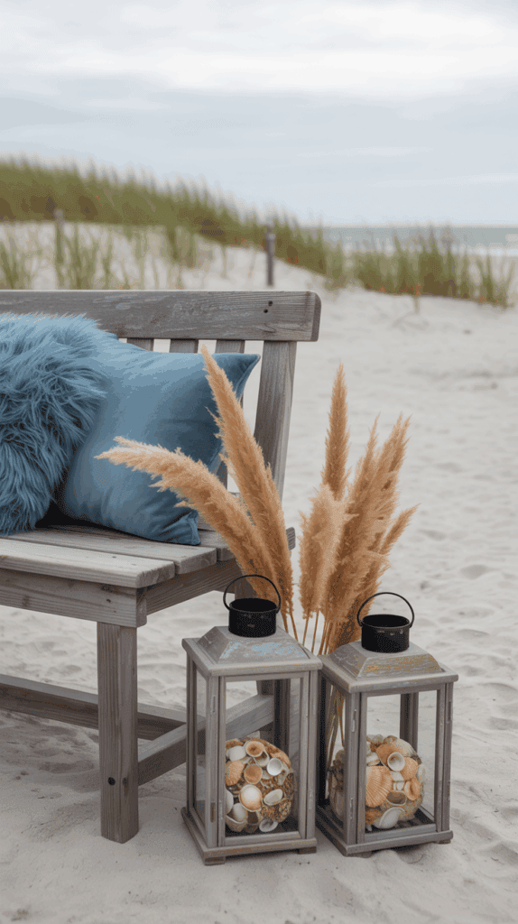 A serene beach scene with a wooden bench adorned with fluffy and soft blue pillows, placed on sand near tall grass. Next to the bench are two decorative lanterns filled with seashells and a bunch of dried pampas grass, with a cloudy sky and ocean visible in the background.
