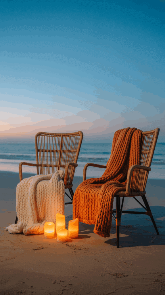 Two wicker chairs with thick knitted blankets, one cream and one orange, on a beach at sunset with lit candles placed on the sand in front of them.