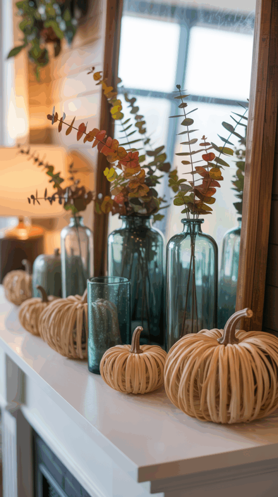 A mantel decorated with rattan pumpkins and transparent blue glass vases holding colorful eucalyptus branches, with a large mirror behind them reflecting the soft lighting of a cozy room.