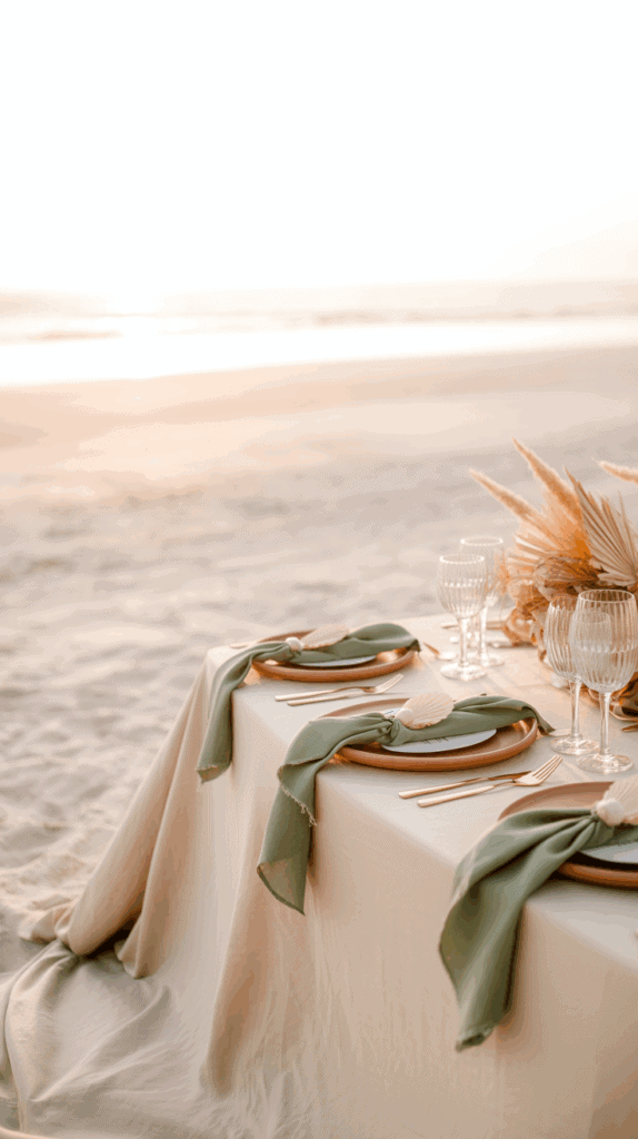 Elegant beachside table setting with beige tablecloth, sage green napkins, gold cutlery, and wine glasses, featuring a centerpiece of dried flowers.