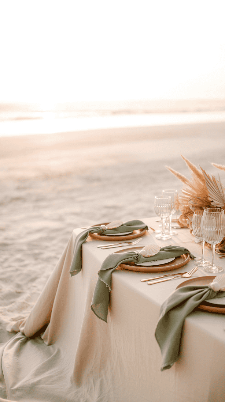 Elegant beachside table setting with beige tablecloth, sage green napkins, gold cutlery, and wine glasses, featuring a centerpiece of dried flowers.