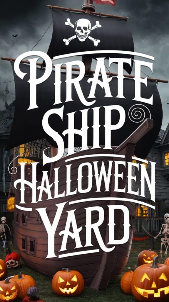 A Halloween-themed pirate ship display in a yard, featuring a large sail with a skull and crossbones, surrounded by carved pumpkins and skeletons in a spooky setting.