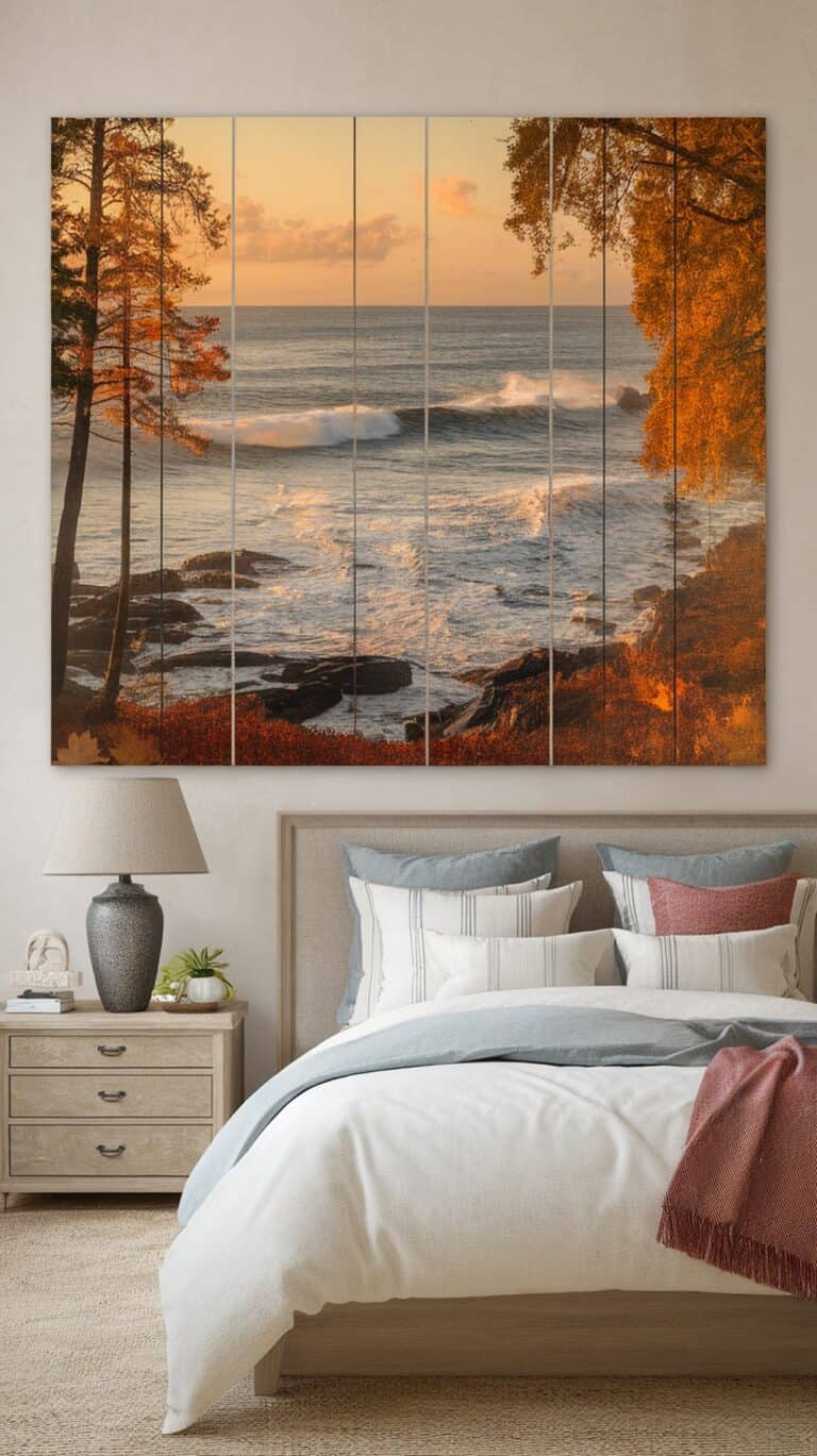 A bedroom with a large wall art depicting an ocean sunset scene, featuring waves, rocky shoreline, and autumnal trees. The room has a bed with white and gray bedding, a bedside table with a lamp and plant, and a textured rug on the floor.