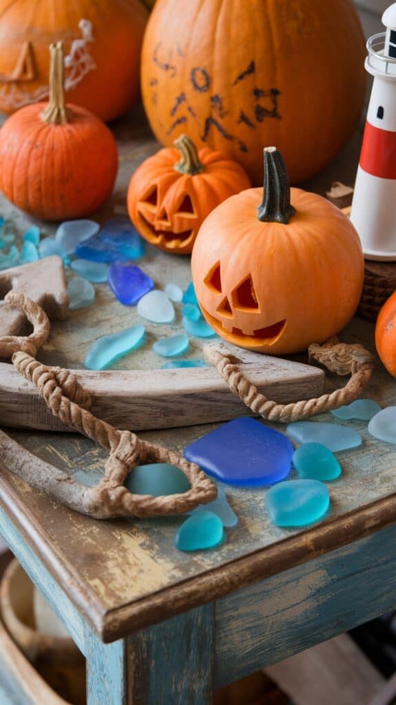 Tabletop with carved pumpkins, blue sea glass, driftwood, and a small model lighthouse, creating a nautical Halloween scene.