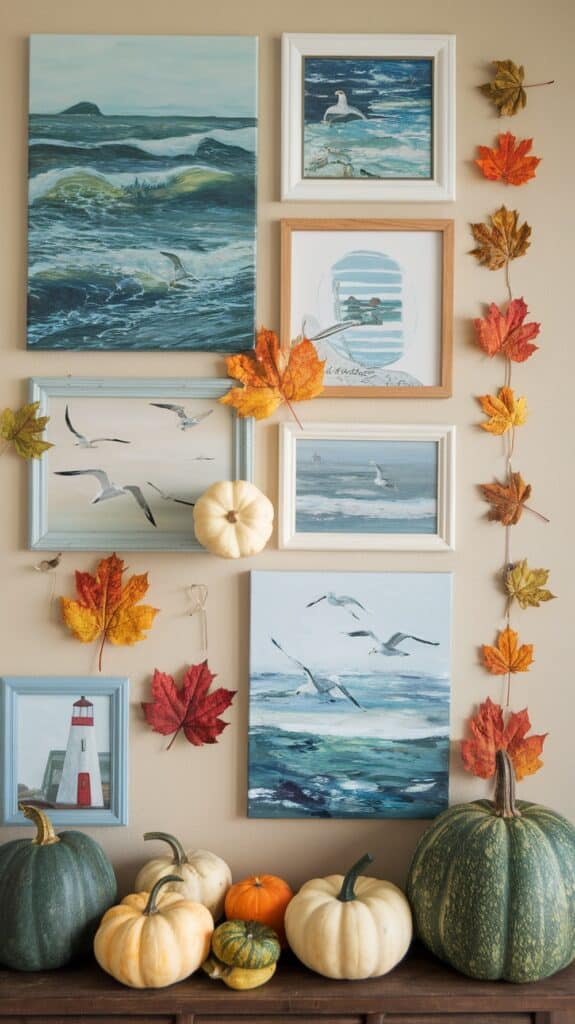 A wall decorated with ocean-themed paintings and framed artwork of seagulls and a lighthouse, accompanied by autumn leaves and pumpkins in various colors such as orange, white, and green.