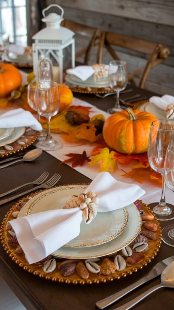 A festive table setting with autumn-themed decor, including a white plate set on a decorative charger with seashells, a white napkin with a shell napkin ring, and surrounded by pumpkins and colorful fall leaves, all on a dark wood table.