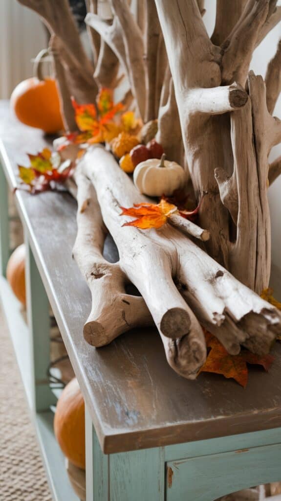 A rustic autumn centerpiece featuring driftwood, small pumpkins, and colorful fall leaves arranged on a wooden table.