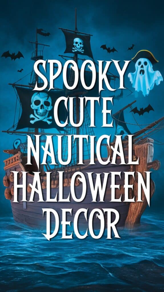 A Halloween-themed graphic featuring a pirate ship with skull and crossbones sails, surrounded by bats and a ghost wearing a pirate hat. The text reads, 'Spooky Cute Nautical Halloween Decor.'