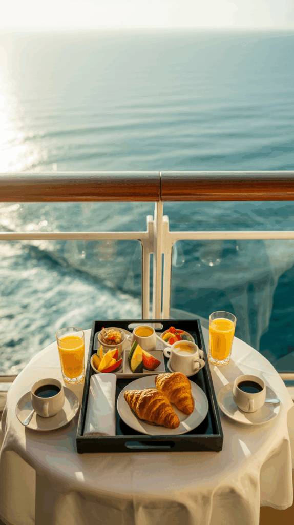 A breakfast tray on a table with a view of the ocean, featuring croissants, a variety of fruits, coffee, and orange juice.