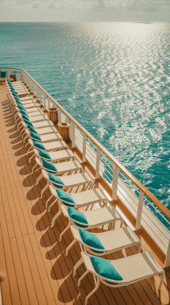 A row of empty lounge chairs with teal cushions on the deck of a cruise ship, overlooking the sparkling ocean under a sunny sky.