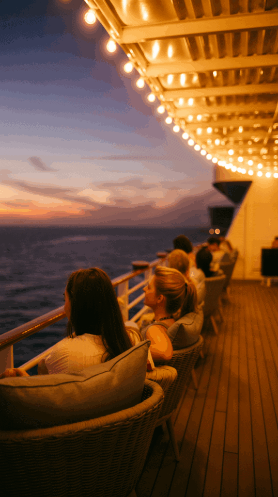 People seated in wicker chairs on a cruise ship deck, watching a sunset over the ocean with a string of lights overhead.