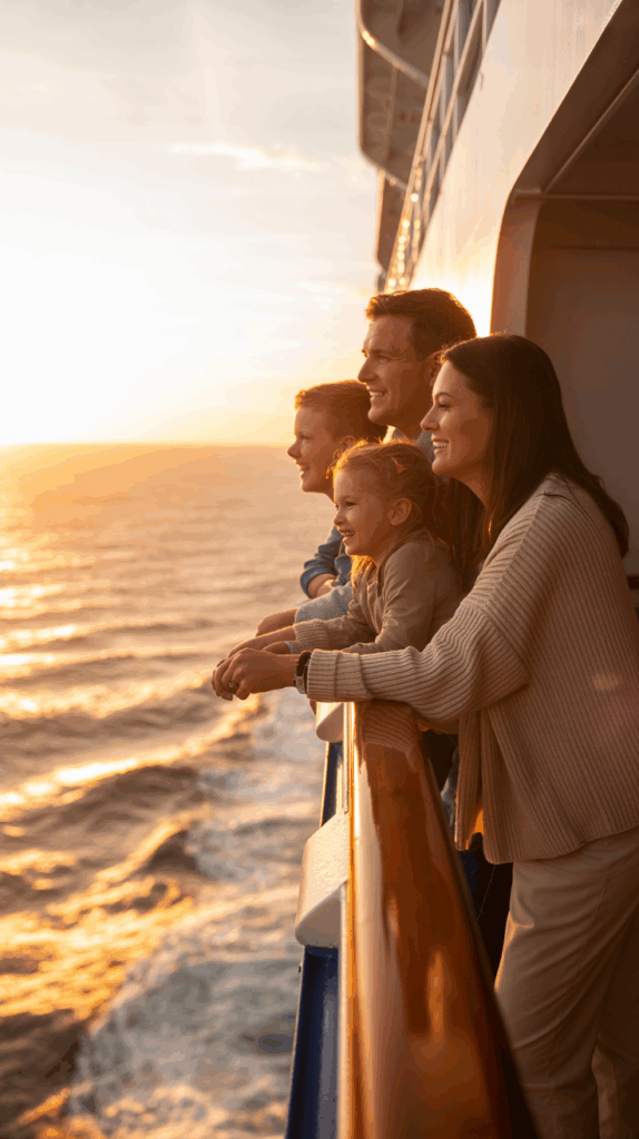 A family of four smiling and leaning against the railing of a ship, enjoying a sunset view over the ocean.