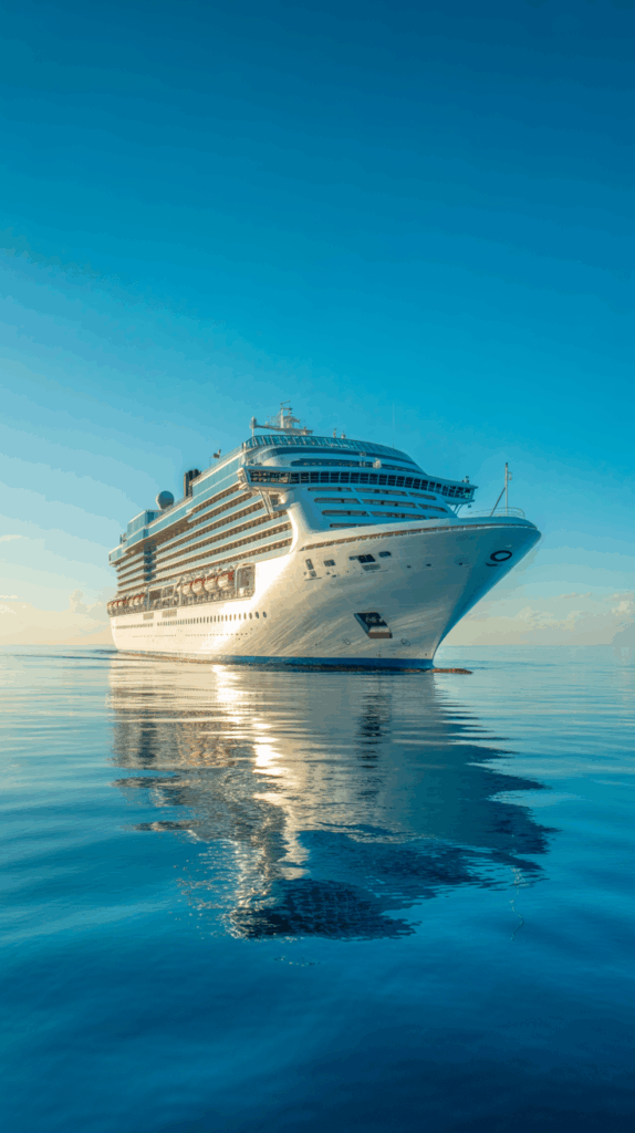 A large cruise ship sailing on calm, clear waters under a bright blue sky, reflecting in the water below.