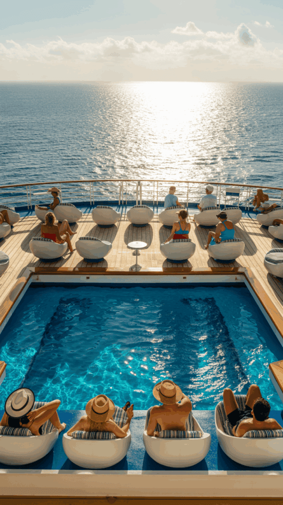 People relaxing on lounge chairs by a pool on a cruise ship, with a view of the sun setting over the ocean.