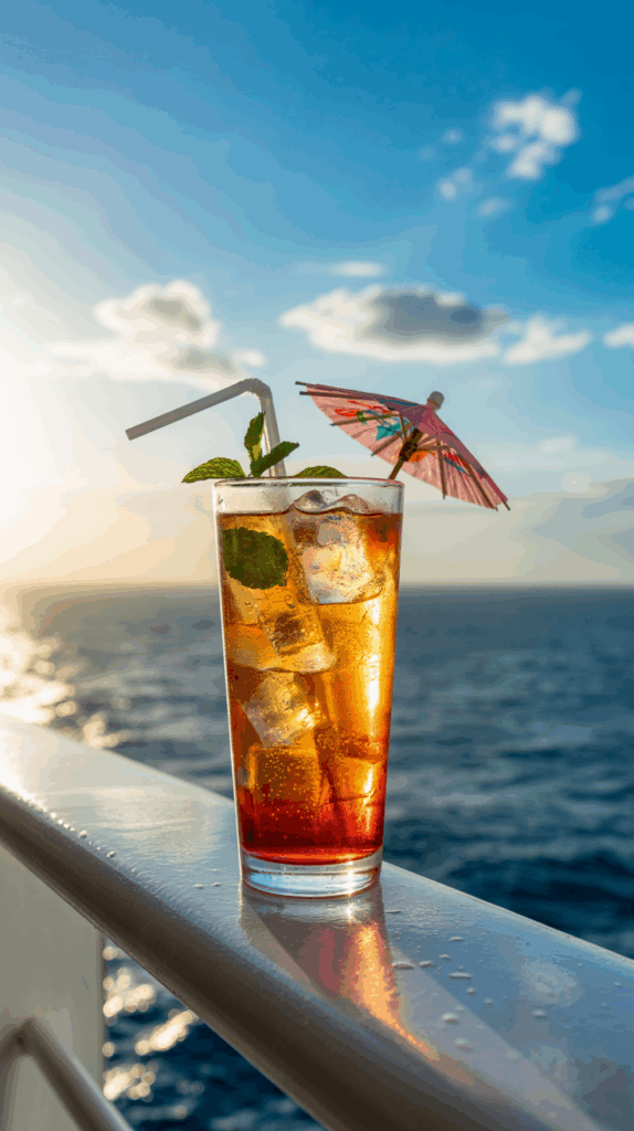 A glass of iced tea with mint leaves, a straw, and a decorative cocktail umbrella, set on a railing with an ocean view and a clear blue sky in the background.