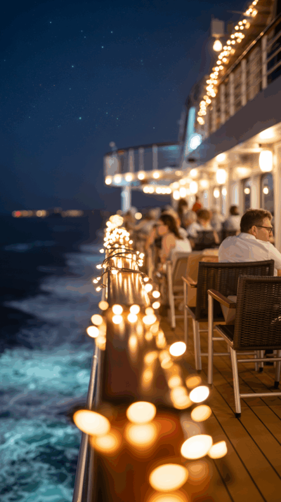 A cruise ship deck at night, adorned with string lights along the railing, with passengers seated and gazing at the starry sky and ocean.