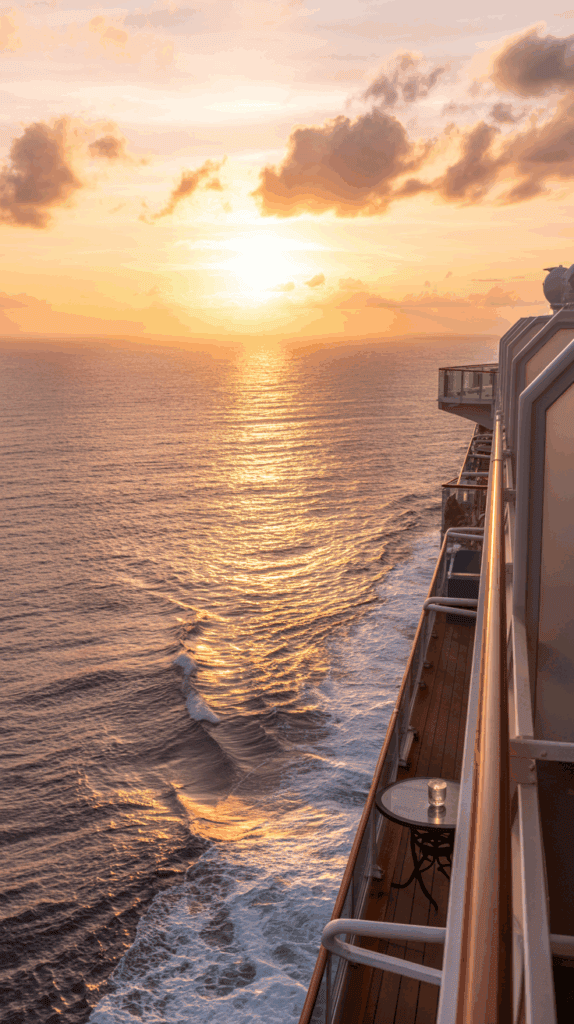 View from a cruise ship balcony at sunset, with the sun casting golden reflections over the ocean waves.