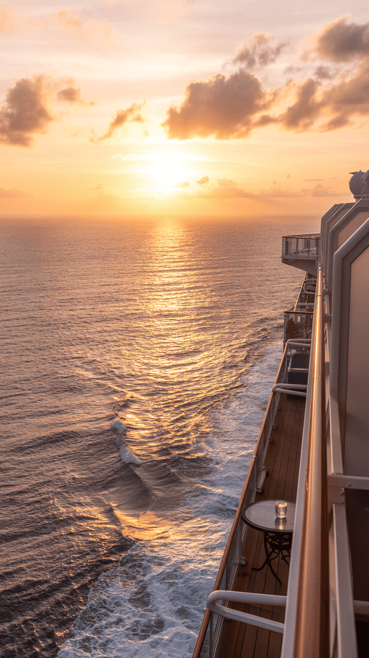 View from a cruise ship balcony at sunset, with the sun casting golden reflections over the ocean waves.