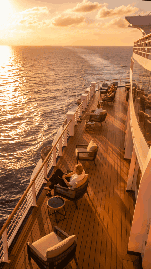 People relaxing on deck chairs of a cruise ship, enjoying a sunset over the ocean, with a golden sky and calm sea.