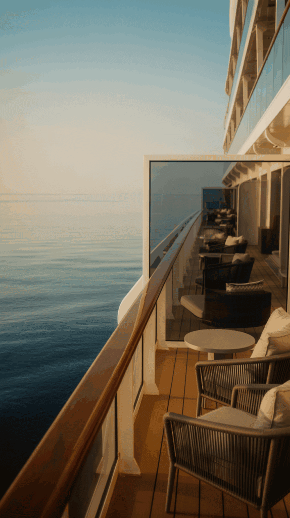 A cruise ship deck with comfortable seating, including wicker chairs with cushions and a small round table, overlooking calm, tranquil ocean waters under a clear sky.