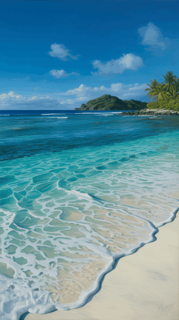 A picturesque beach with clear blue water gently lapping onto the sandy shore, bordered by palm trees, with a distant green island visible under a bright blue sky.