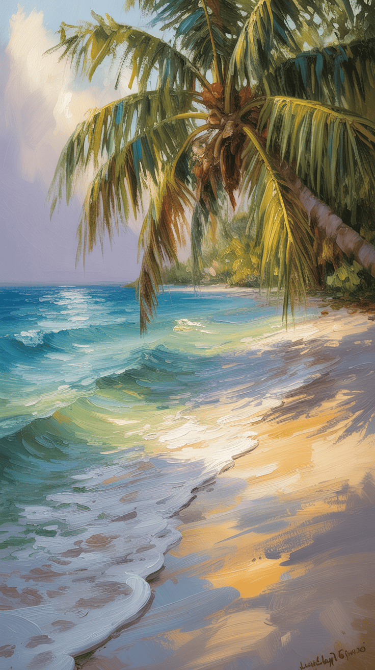 A painting of a tropical beach scene with a palm tree arching over golden sands and turquoise waves gently lapping at the shore under a partly cloudy sky.