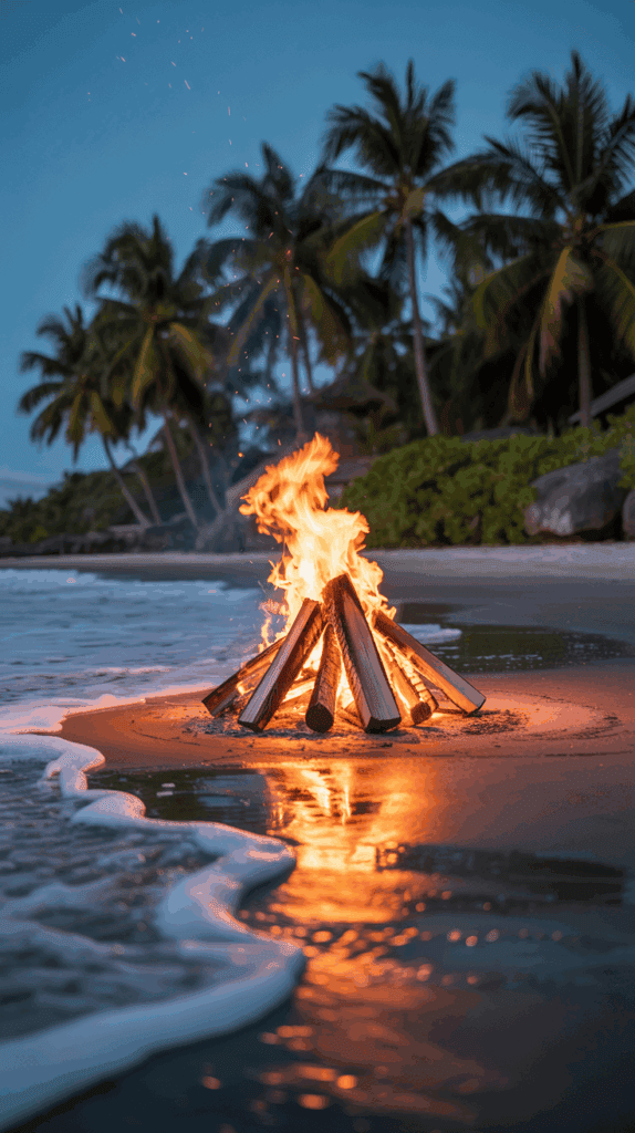 A beach bonfire with logs burning brightly on the sand near the shoreline, surrounded by palm trees at dusk with the sky transitioning to blue.