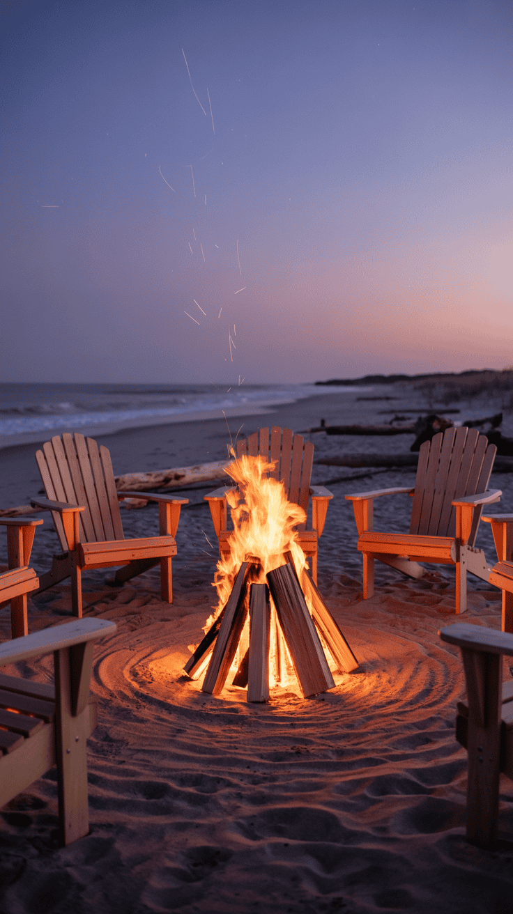 A beach bonfire surrounded by wooden Adirondack chairs at sunset, with the ocean in the background.