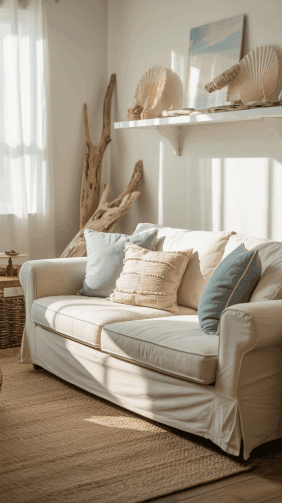A cozy living room with a white sofa adorned with light blue and beige cushions, set against a bright backdrop with sunlight streaming through a window. Driftwood decor and a shelf with sea-themed items add a natural, coastal feel to the space.