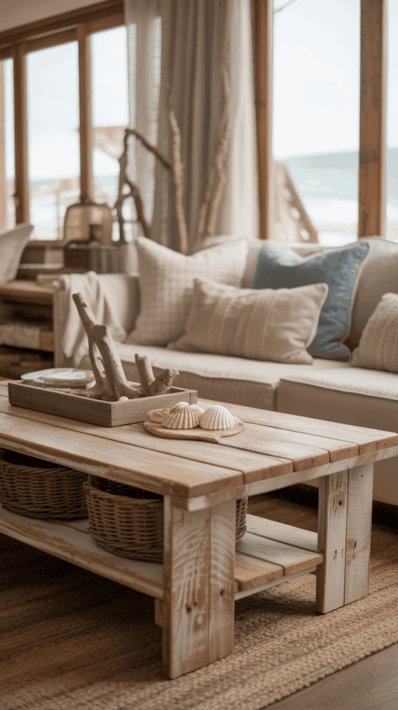 A cozy living room with a beach-inspired decor, featuring a wooden coffee table adorned with seashells and driftwood, wicker baskets underneath, and a cream-colored couch with blue and beige cushions. Large windows provide a view of the ocean.
