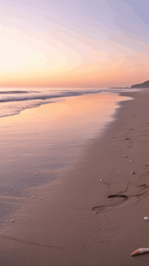 A serene beach at sunset with footprints in the wet sand leading toward the gentle waves, bathed in soft pink and orange hues.