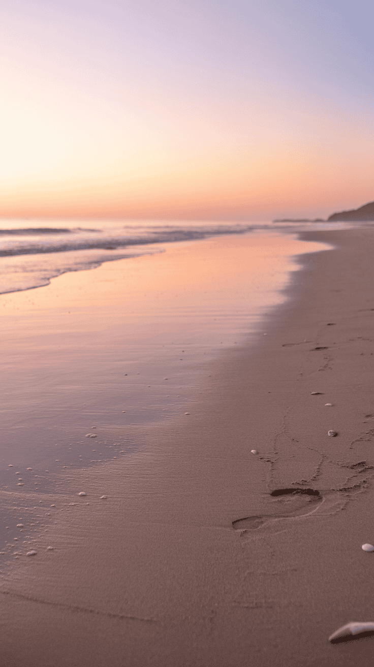 A serene beach at sunset with footprints in the wet sand leading toward the gentle waves, bathed in soft pink and orange hues.