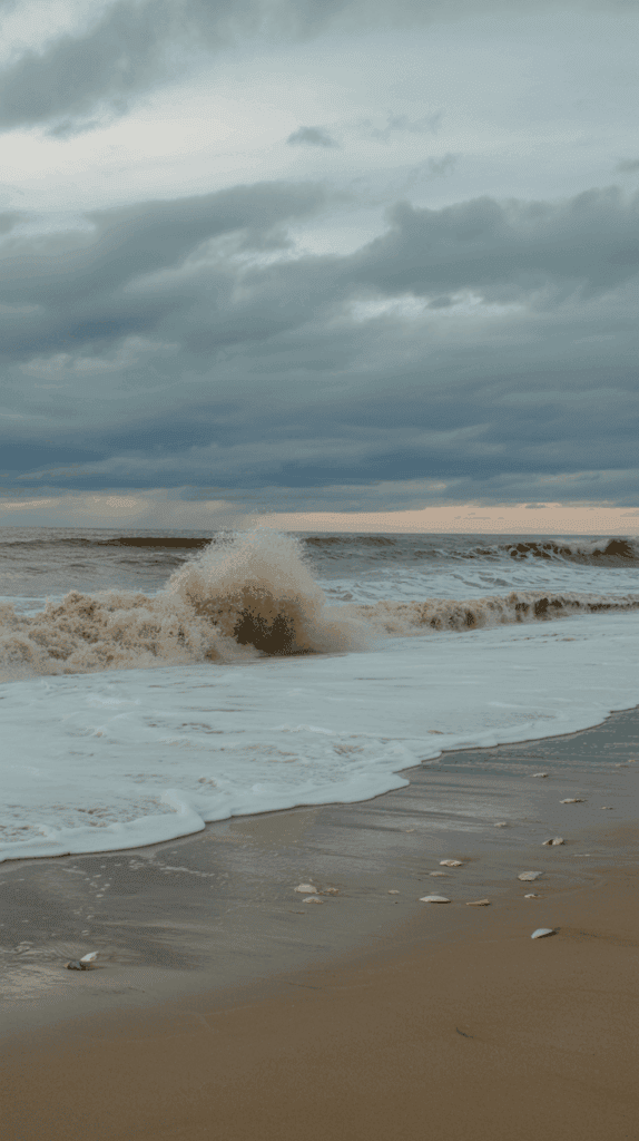 A beach scene with waves crashing onto the shore under a cloudy sky, with shells scattered on the wet sand.