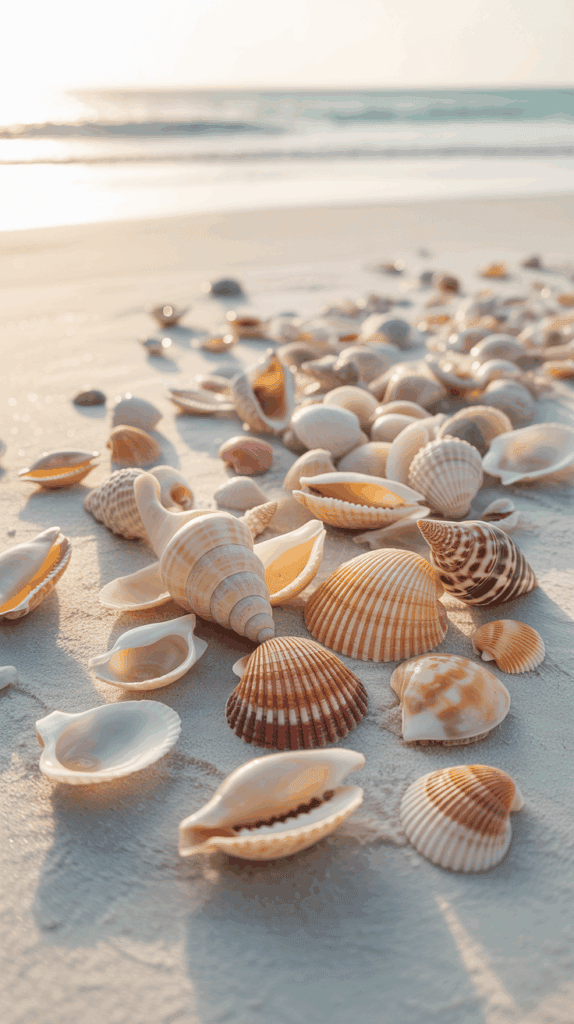 A collection of assorted seashells scattered on a sandy beach with gentle waves in the background under a bright sky.