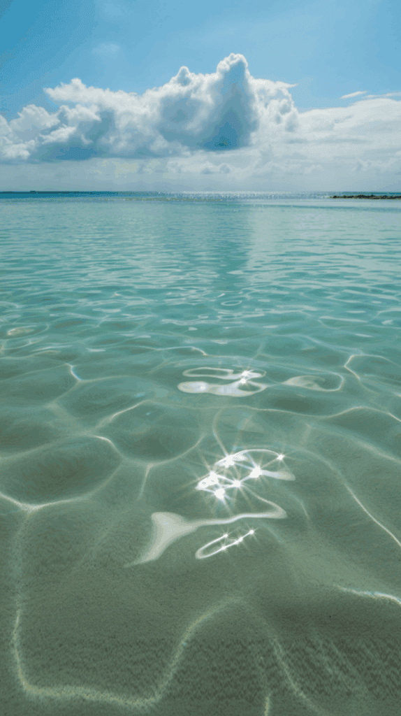 A serene view of a shallow, clear turquoise sea with sunlight creating shimmering patterns on the sandy seabed, under a sky partially covered with fluffy clouds.