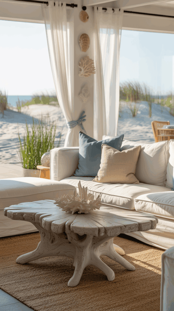 A bright and airy coastal living room featuring a white sofa with blue and beige pillows, a driftwood-themed coffee table with a coral decoration, and large glass windows showing sand dunes and the ocean in the background.