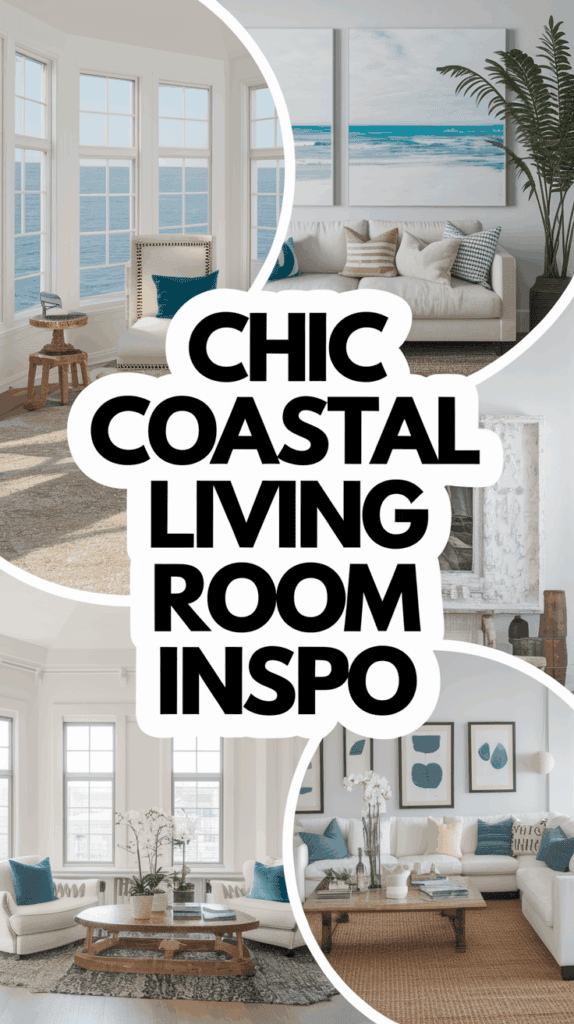 Collage of coastal living room interiors featuring large windows with ocean views, light-colored furniture, teal accents, and beach-themed decor, with text reading "Chic Coastal Living Room Inspo."