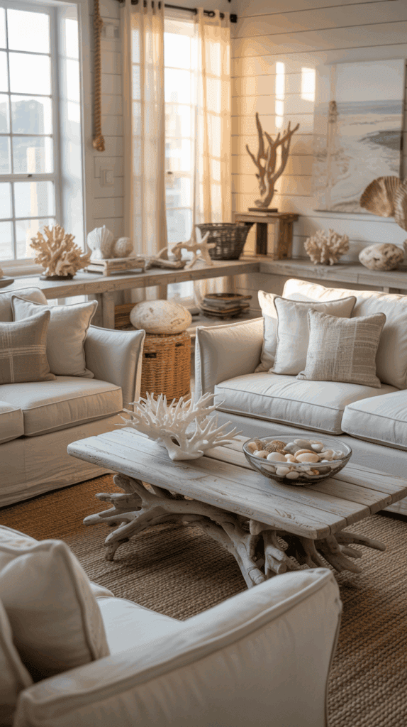 A coastal-themed living room with white couches, a driftwood coffee table, and various sea decorations like coral and shells.