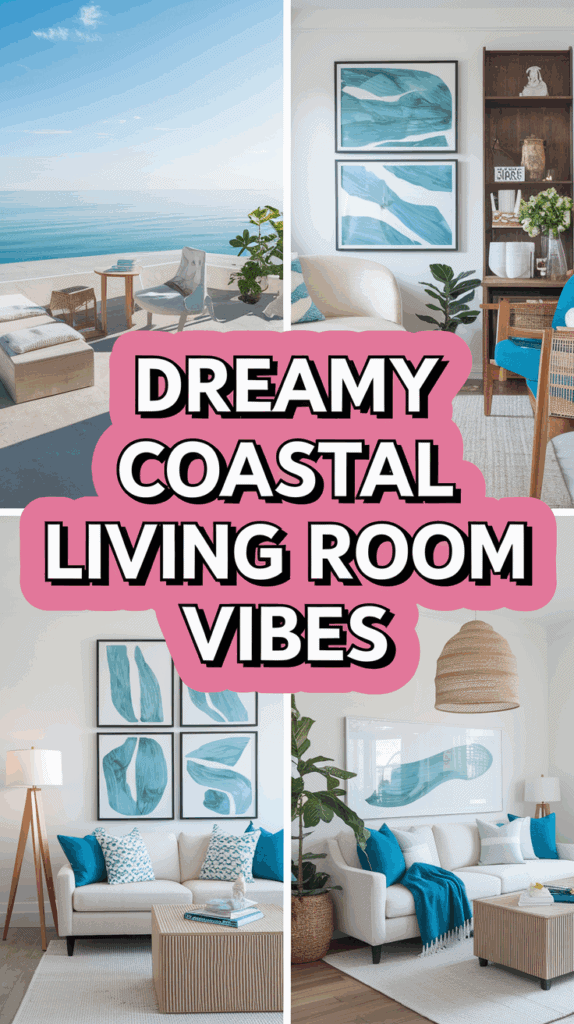 Collage of a coastal living room with ocean views; features modern white sofas accented with blue pillows, abstract ocean-themed wall art, and decorative plants; the text "Dreamy Coastal Living Room Vibes" overlays the image.