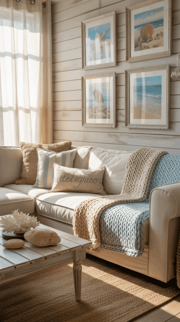 A cozy living room with a beige couch adorned with textured pillows and a knitted blanket. The room features wooden wall paneling with framed coastal artwork, a light-colored coffee table holding decorative coral and stones, and natural light streaming through sheer curtains.