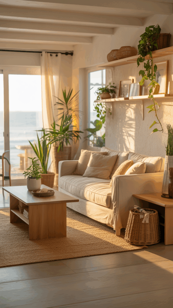 A cozy living room with a beige sofa, wooden coffee table, and potted plants, illuminated by warm natural light from a large window.