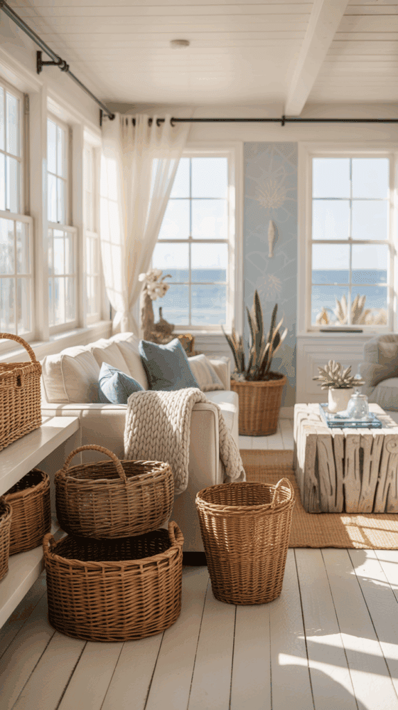 A bright, airy living room with large windows overlooking the sea, featuring a beige sofa with blue and beige pillows, wicker baskets, and a rustic wooden coffee table on a white painted floor.