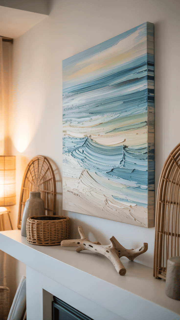 Cozy living room interior featuring a textured ocean-themed painting on the wall above a white mantelpiece, adorned with wicker baskets, a gray vase, and a driftwood decor piece.