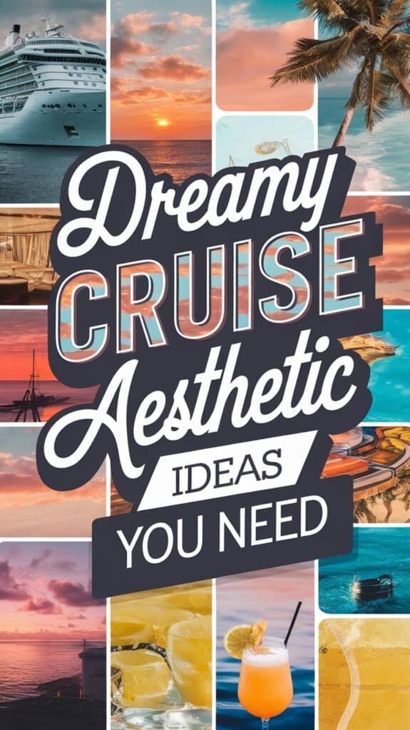 A collage of tropical cruise images features a cruise ship, sunset over the ocean, palm trees, beach, cocktails, and lounge chairs, with bold text overlay saying 'Dreamy Cruise Aesthetic Ideas You Need.'
