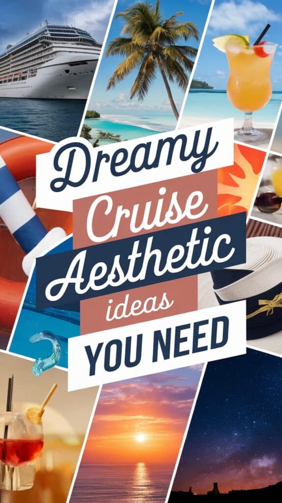 A collage featuring aspects of a cruise vacation, including a cruise ship, a palm tree on a beach, a tropical cocktail, a life preserver, a sunhat, and scenic views of a sunset and night sky. Text reads "Dreamy Cruise Aesthetic Ideas You Need."