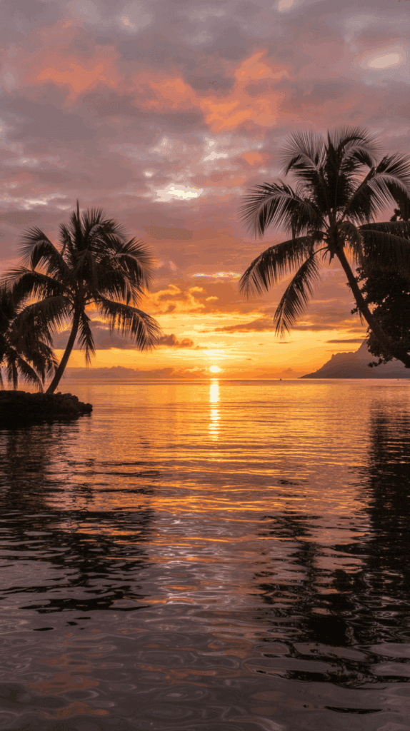 A serene tropical sunset over the ocean with orange and pink hues reflecting on the water, flanked by silhouetted palm trees and distant mountains in the background.