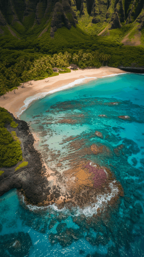 Aerial view of a tropical beach with turquoise water, a sandy shoreline, lush green palm trees, and dramatic cliffs in the background.
